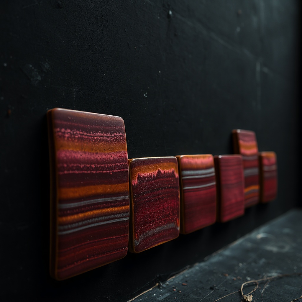 Staggered ceramic test tiles in crimson light