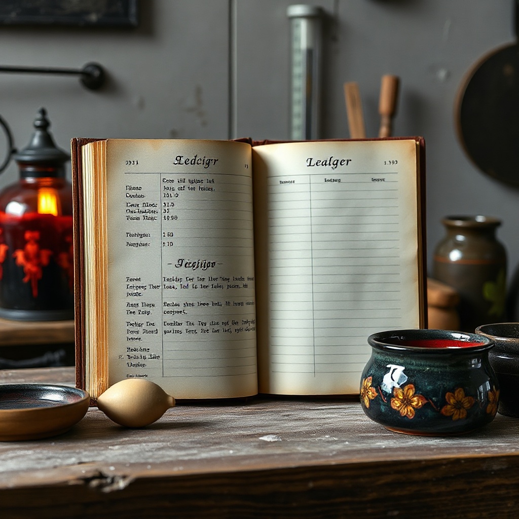 Glaze ledger and hydrometer on a dark bench