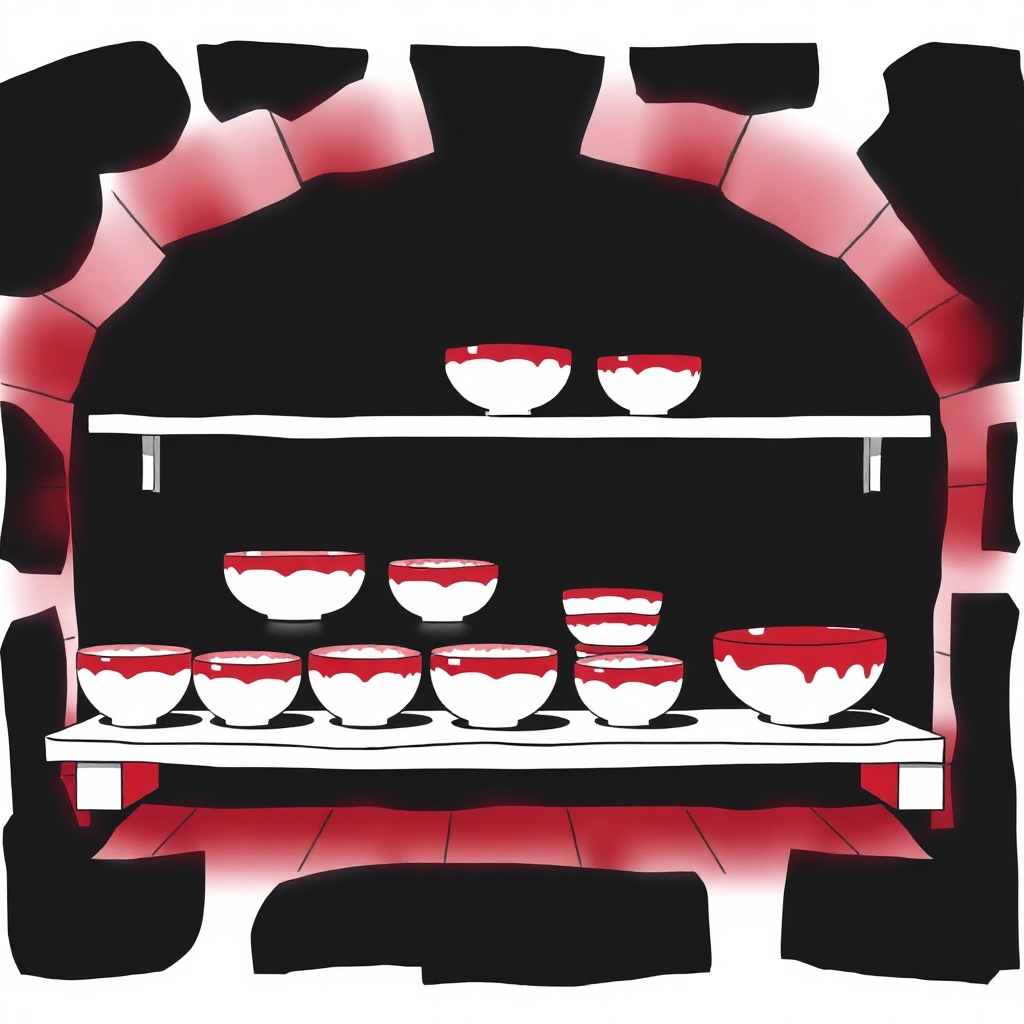 Kiln shelf silhouettes with oxblood glow