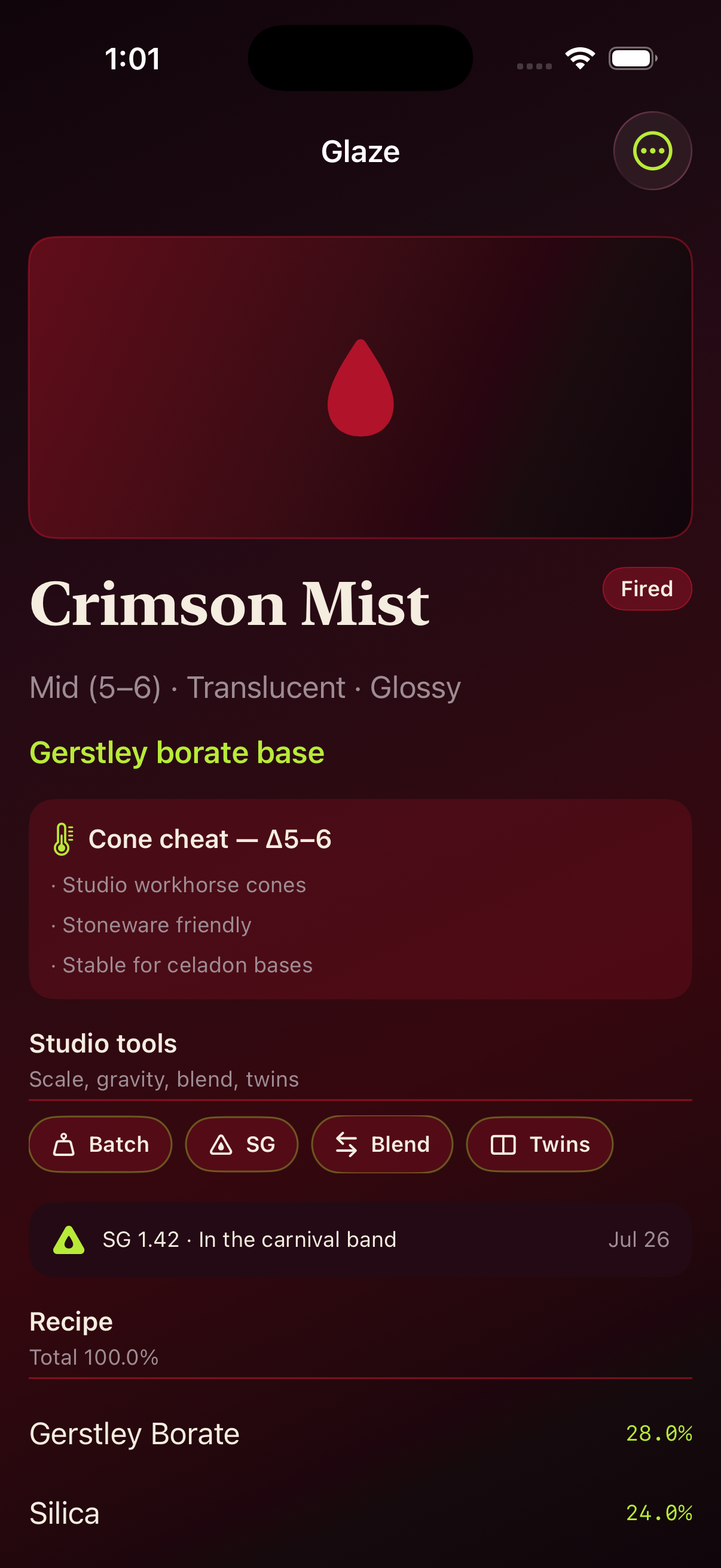 Glaze detail with recipe and studio tools